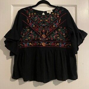 Umgee Embroidered Ruffled Sleeve and Baby Doll Ruffled Body Tunic Top